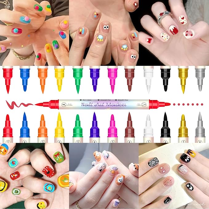 12 Colors Double-Ended Nail Art Markers Set, 3D Nail Polish Pens with Liner Brush & Drawing Tip, Professional DIY Manicure Painting Tools, Valentine's Day Gifts for Her, Nail Decoration Kit