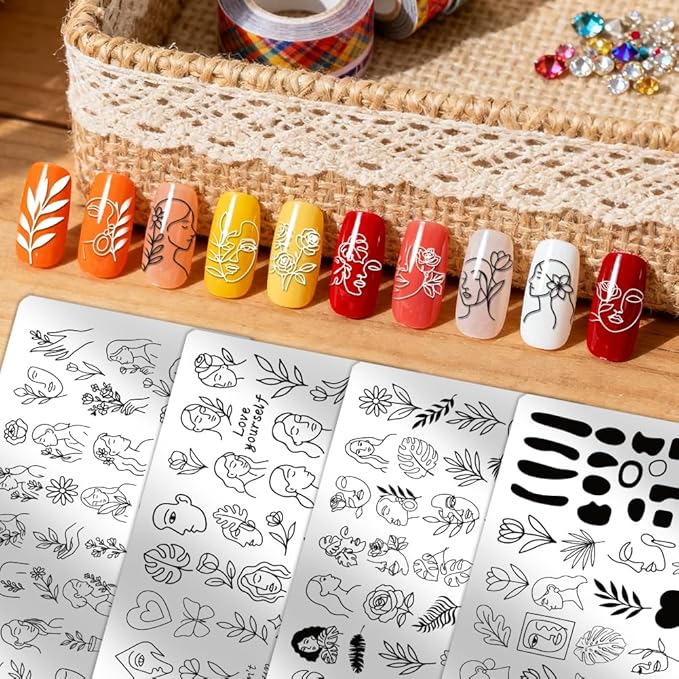 PH PandaHall 4pcs Abstract Face Nails Stamping Plate Flower Leaves Nail Design Stamper Female Figures Nail Art Template Geometric Patterns Nails Image Plates for Women DIY Manicure Salon Printing