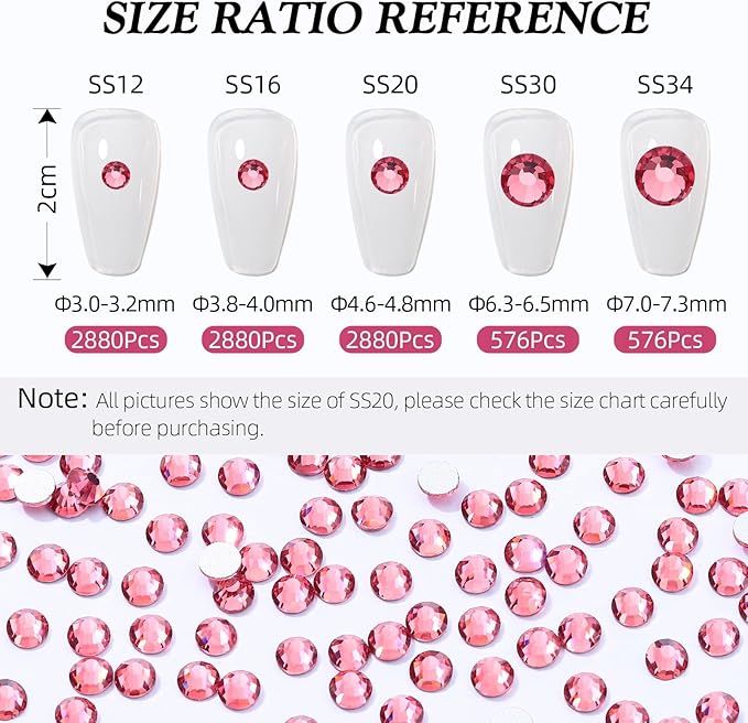 Rose Flatback Rhinestones, Glass Rhinestones for Nail Art and Craft, Glue Fix, Loose Crystal Gemstones(Rose, SS30, 576pcs, 6.4-6.6mm)