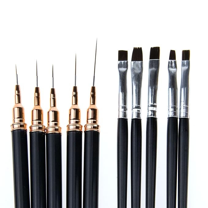 10 Pcs Nail Art Liner Brushes & Painting Art Design Pen Set, Diamond Application Rhinestone Handle, Line Dotting Drawing Sizes 7 9 11 20 25mm, Black