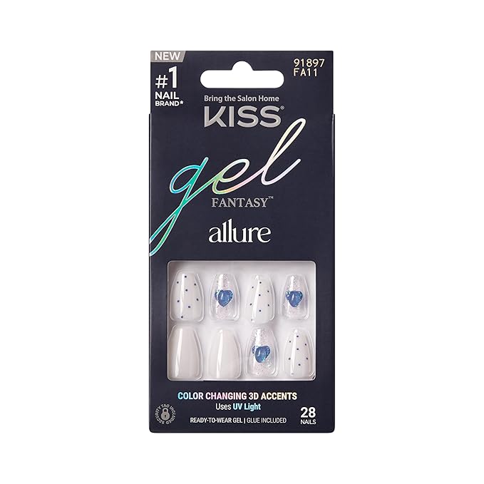 KISS Gel Fantasy, Press On Nails, Nail glue included, 'Hottiest Thing', White, Short Size, Coffin Shape, Includes 28 Nails, 2g glue, 1 Manicure Stick, 1 Mini File