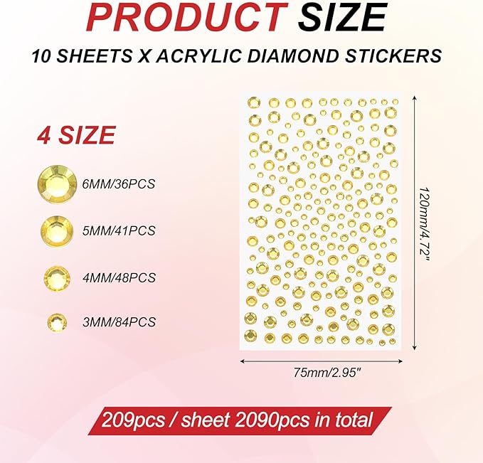 PATIKIL 2090 Pcs Acrylic Gem Sticker, 4 Size 3/4/5/6mm Self Adhesive Rhinestones Face Gem Stones Bling Jewelry for Nail Art Craft Clothes DIY Makeup Decoration Party, Light Gold