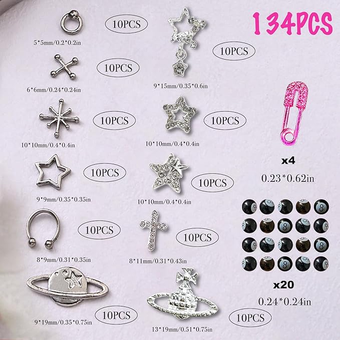 134PCS Nail Charms for Acrylic Nails,Silver Star Planet Cross Punk Pink Pin Billiards Nail Art Accessories,Nail Jewels for Nail Art Supplies Craft DIY