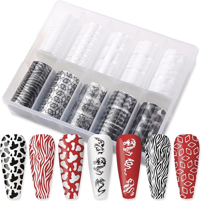 SILPECWEE 10 Rolls French Tips Strips Nail Foil Black and White Nails Design Nail Transfer Foil Holographic Nail Art Foils Fingernail Stickers Nails for Women 3D Nail Art Decoration