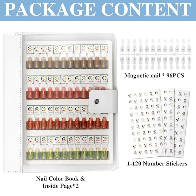96 Magnetic Nail Color Book,Leather Magnetic Color Display Book with 96PCS Magnetic Tips & 1-120 Number Labels,Perfect for Nail Polish Nails Art Design(White)