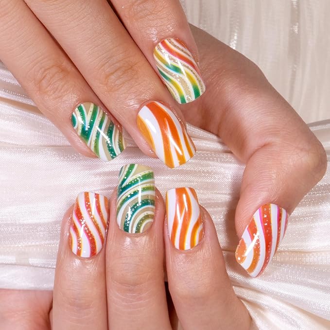 Curvlife Press on Nails with Colored Glass Design Full Cover Fake Nails for Women Reusable Nail Kit with Nail Glue Adhesive Tabs