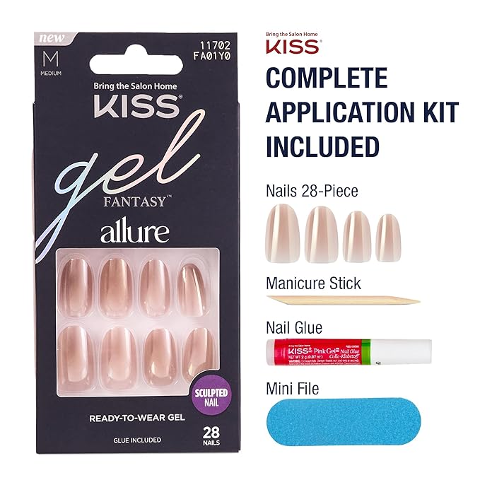 KISS Gel Fantasy 28 Pcs Press On Nails, Medium Oval Fake Nails, Pink Nude Chrome Stick On Extensions, Reusable Full Cover Kit with Glue, Manicure Stick & File, Wear for 7 Days, Vegan & Cruelty Free