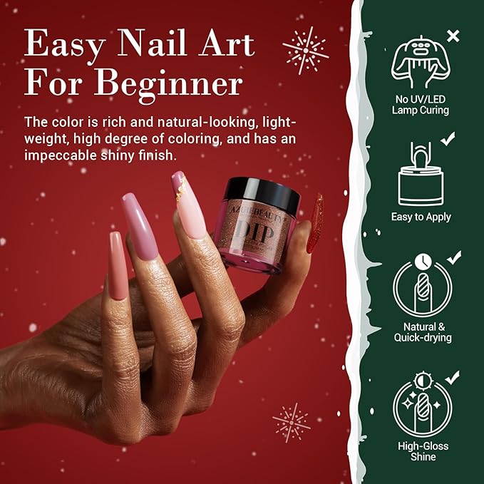 AZUREBEAUTY 31 PCS Dip Powder Nail Starter Kit Christmas Red Green Gold Grey Acrylic Dipping Powder 20 Colors Set with Recycle Tray Top/Base Coat Activator French Nail Art Manicure Salon