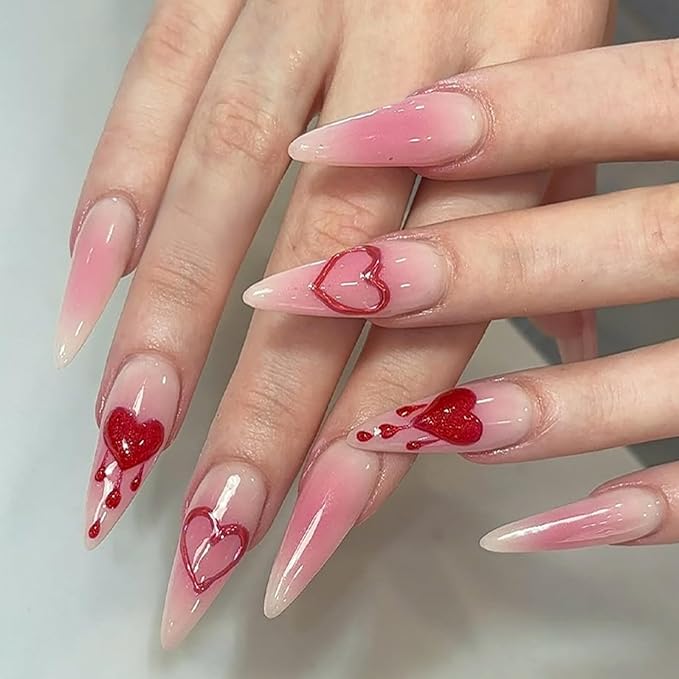 Valentines Press on Nails Long Fake Nails Almond Artificial Nail Pink Heart Love Designs Seeneey Cute Stick on Nail for Women 24pcs