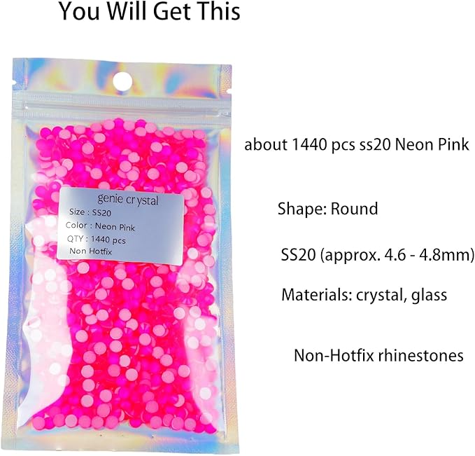 Genie Crystal ss20 Neon Hot Pink Flatback Rhinestones 1440 Pcs, 10 Gross 4.8 mm Brilliant Luminous Glass Rhinestone for Tumbler Cup, DIY Crafts, Nail Art, Home Decor, Costumes Dancewear