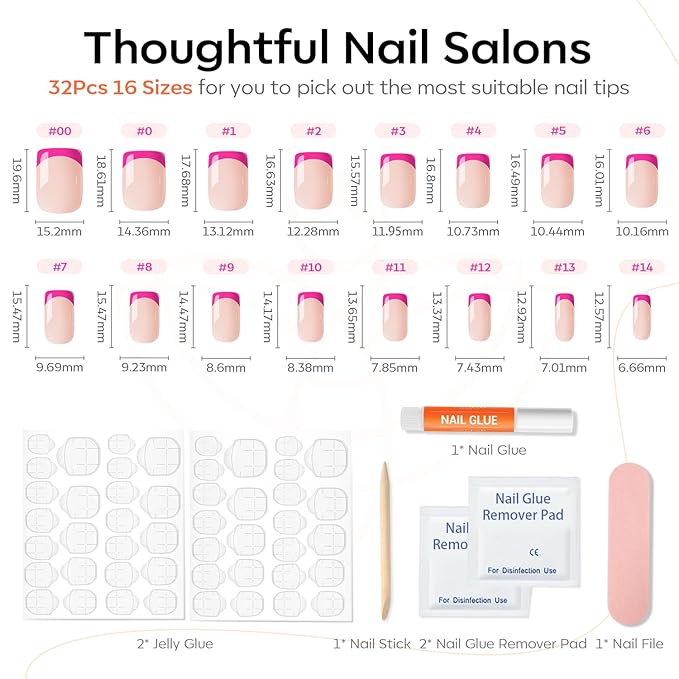 Modelones French Tip Press on Nails Short, Square Spring Fake Nails, Reusable Nail Kit with Nail Glue Adhesive Tabs Mini Nail File, Nails Press Ons 32Pcs 16Sizes, Women Girl Gift, Hot Pink