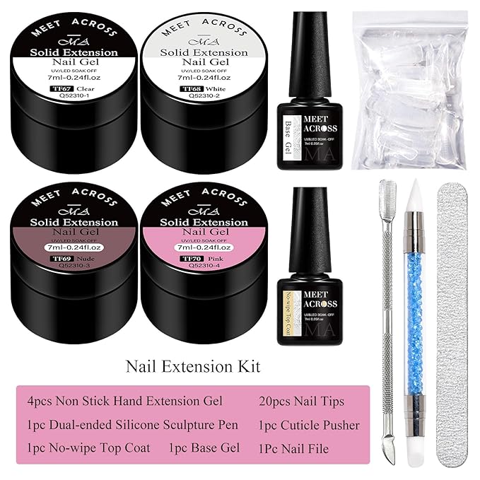 MEET ACROSS All-in-One Extension Mini Kit Non-Sticky Builder Gel Starter Kit WIth Base & Top Coat/Dual-Silicone Pen/Pro File/20-Pc Reusable Dual Forms Salon-Grade Extensions (Clear+White+Nude+Pink)