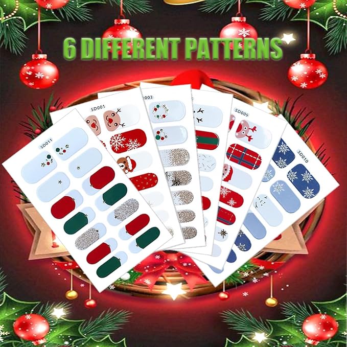 6 Sheets Christmas Nail Polish Strips 3D Green Xmas Trees Gel Nail Stickers Snowflake Self-Adhesive Xmas Holiday Full Wraps with Reindeer Santa Claus Elk Full Wrap Toenail Stickers for Women Nails DIY