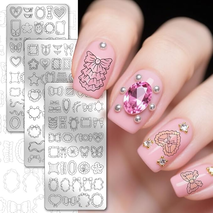 PH PandaHall 120 Patterns Dreamy Pillows Nail Stamping Plates 3pcs Heart Bow Collars Nail Art Templates Lace Ribbon Nails Art Design with Stamper and Scrapers for Women Manicures Salon DIY Printing