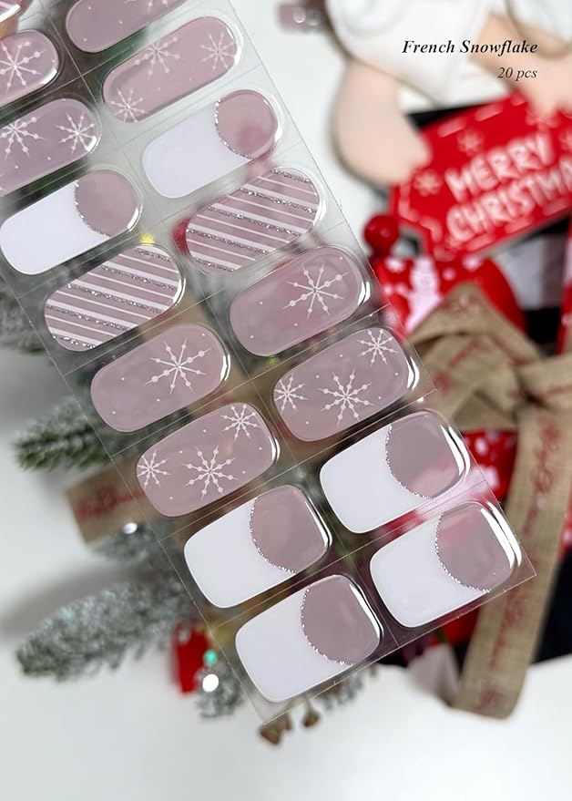Semi Cured Gel Nail Strips (French Snowflake), Christmas, 20 Pcs Gel Nail Wraps, Stickers, Salon Quality, Long Lasting, Works with Any UV Lamps