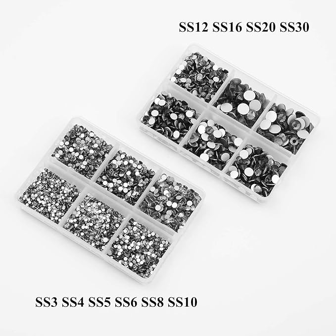NCB 8000pcs Non Hotfix Rhinestones 10 Sizes Flatback Crystal Glass Rhinestones with Tweezers and Picking Pen for Nail Art Clothes Bags Phone Decorations Crafts DIY (003 Black Diamond Mix SS3-SS30)