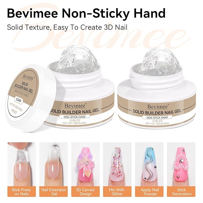 3D Nail Art Gel 2PCS Clear 3D Sculpting Solid Gel Non-Sticky Hand Builder Gels with Dual Form Silicone Pen Hard Gels for Nails Carving Patterns Nail Design Manicure Salon DIY at Home