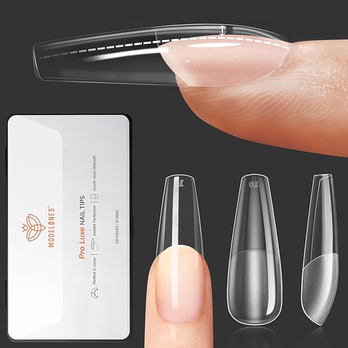modelones Pro Luxe Instant Nail Apex Tips 15 Sizes, Long Coffin Extension Gel Tips Pre-building & Pre-etched Thicker Strength Acrylic Fake Nails Full Cover 120 Pcs