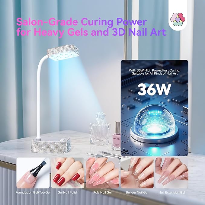 SAVILAND Rhinestone UV Light for Gel Nails: 5X Faster 36W UV Nail Lamp Salon-quality Finish Smart Sensor 3 Timers Flash Cure Light Rechargeable 360° Flexible GooseNeck Salon Flash Cure Lamp