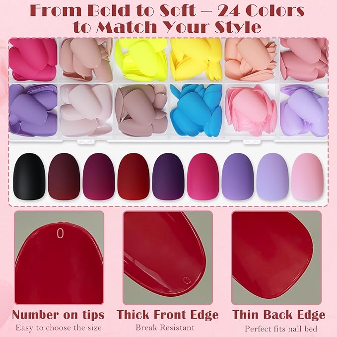 AddFavor Press on Nails Short Oval Fake Nails, 576pcs 24 Colors Oval Press on Nails Full Cover Acrylic Nail Press ons, Matte False Nail Tips for Women Glue on Nail