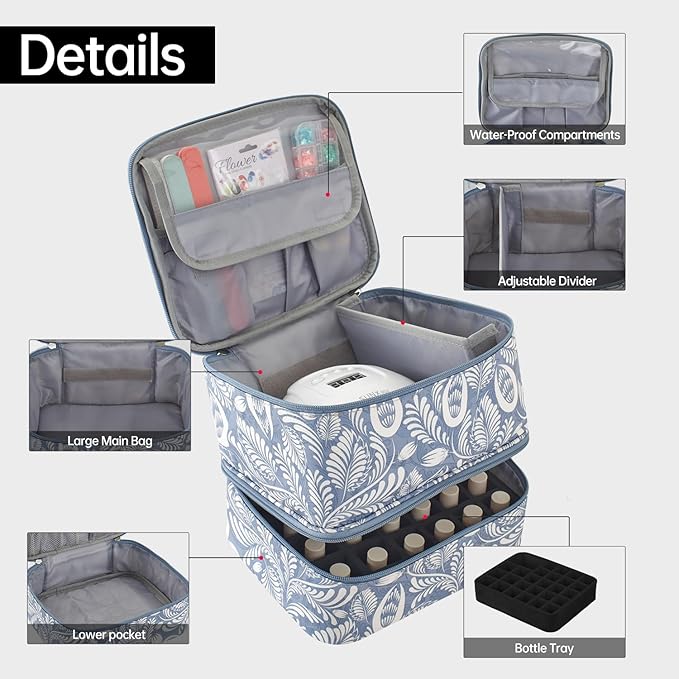 Buruis Double-Layer Nail Polish Organizer Bag, Holds 27 Bottles (15ML/0.5 FL.OZ or Larger), Nail Tools & Dryer Storage Case with Adjustable Dividers (Light Blue Leaf)