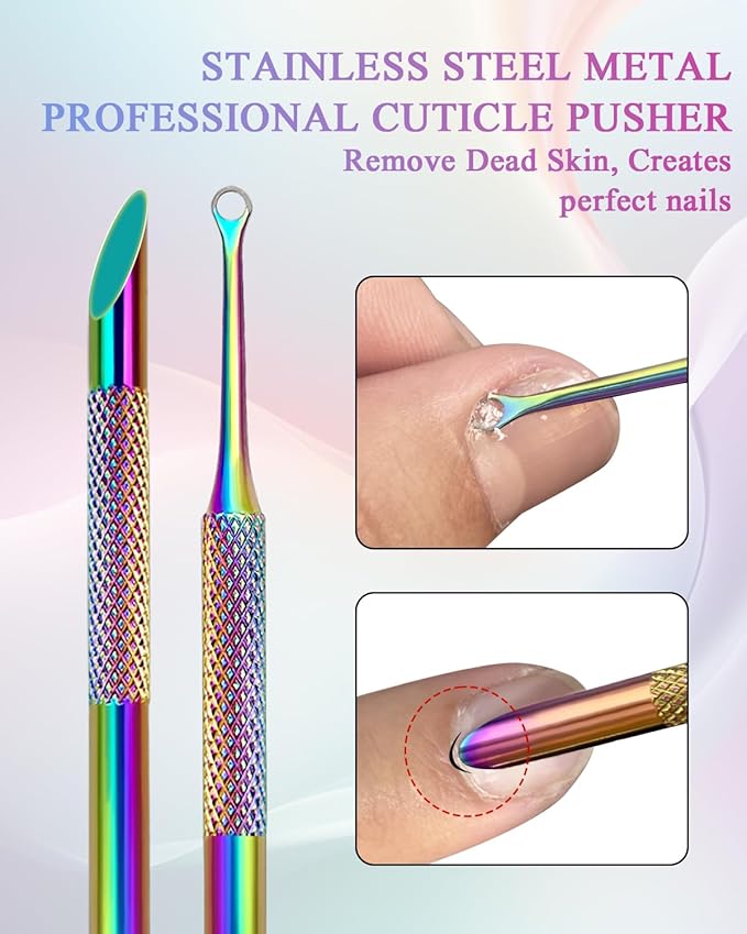 Dual Ended Cuticle Remover, Pre-treatment Cuticle Pusher with Loop Cuticle Pusher Removing, Stainless Steel Cuticle Nail Tool with 100#/240# Grit Nail Files and 1p Storage Bags, For Salon & Home Use