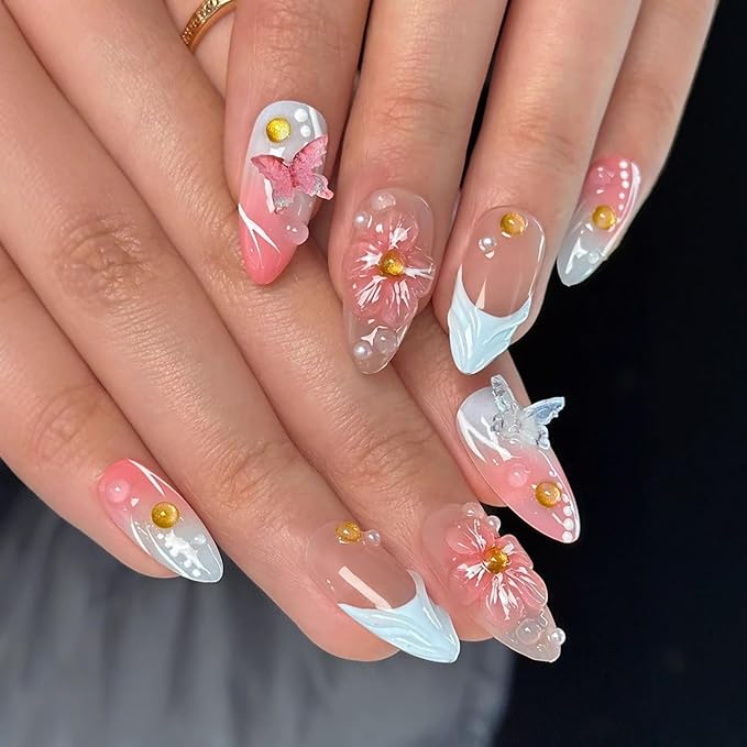 Blue French Press on Nails Handmade Medium Almond Nails with Glue,Nude Fake Nails with 5D Flower Art ＆ Butterfly Charm Design Muti-Layer Gel Handmade Nail Nature False Nails for Wome (Size M)