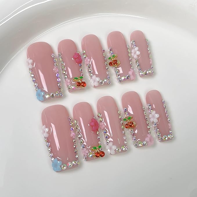 10Pcs (Size M) Long Square Handmade Press On Nails - Pink Glossy Acrylic Fake Nails with 3D Cherry Rhinestones for Women’s Manicure
