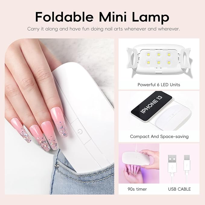 PEACECOLOR 24Pcs Poly Nail Gel Kit with U V light 6 Colors Clear Pink Nude Poly Nail Extension Gel with Glossy/Matte Top Coat Nail Rhinestones Starter Kit DIY Home Gifts for Women