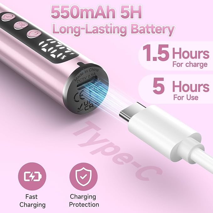 Cordless Electric Nail Drill 35000 RPM, Professional Nail File Kit with LCD Display, 12 Bits & 36 Sanding Bands, for Acrylic Gel Nails, Pet Claws, Salon & Home Use(Rose Gold)