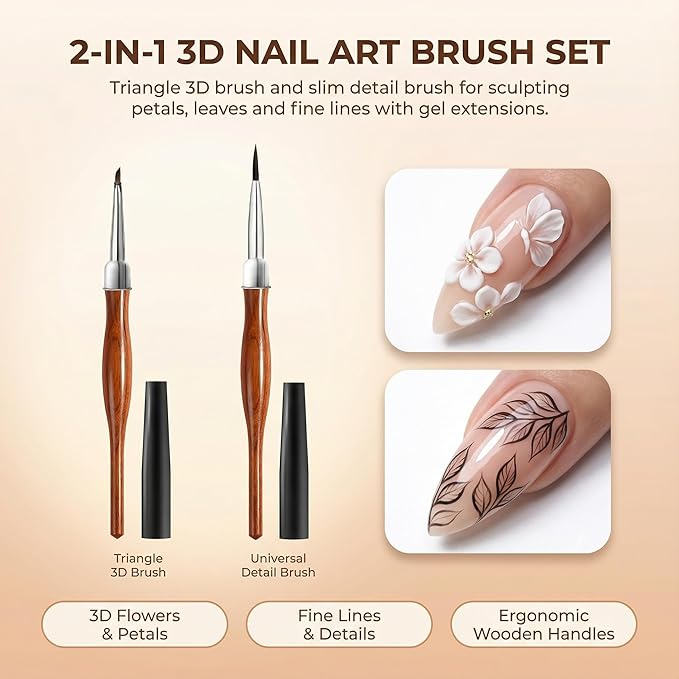 2Pcs Nail Art Brush Set, Multi-Functional 3D Nail Pen for Gel Extensions, Builder Nail Gel Design and Home DIY Manicure (Wood Color)