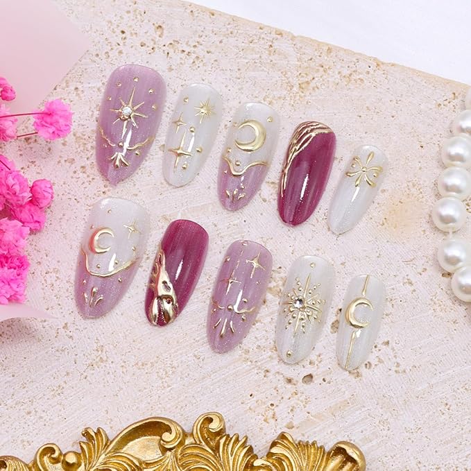 30Pcs Almond Press on Nails Medium French Tip Fake Nails with Moon Star Rhinestone Design Bohemian Artificial Acrylic Nails Full Cover Glitter Pink False Nails 3D Gold Chrome Glue on Nails for Women