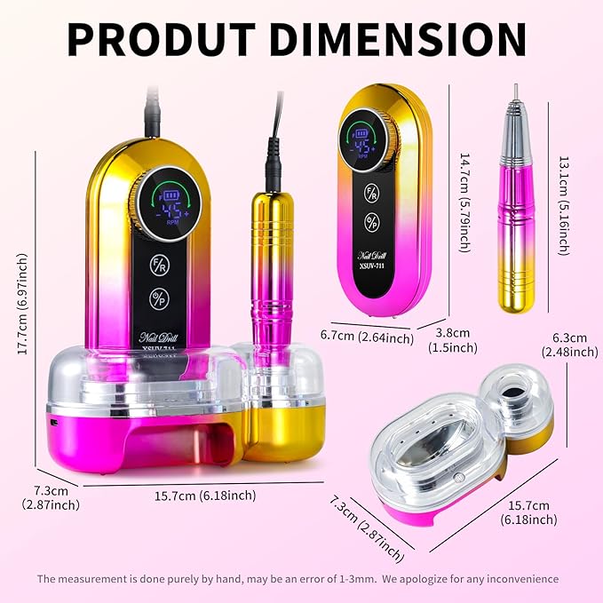 Professional Electric Nail Drill Kits 45000RPM Gradient Gold Portable Cordless 3-in-1 Nail File Machine with Rechargeable Stand and Nail Lamp for Acrylic Gel Polish Removing Home & Salon Use
