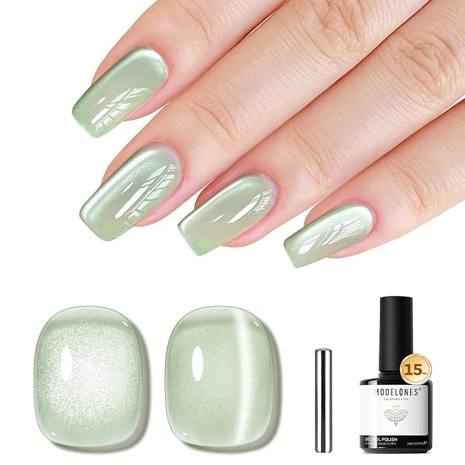 modelones Cat Eye Gel Nail Polish Green, Green Grapes Glitter Magnetic Nail Polish with Magnet Soak Off U V Winter Gel Polish Shimmer Nail Art Manicure Salon DIY