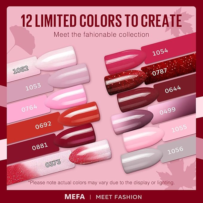 MEFA Gel Nail Polish Set, 12 Colors Burgundy Red Gel Polish Set Shimmering Red Pink Glitter Nail Polish Soak Off Rosy red Nude Gifts for Women Girl DIY Salon Home Manicure