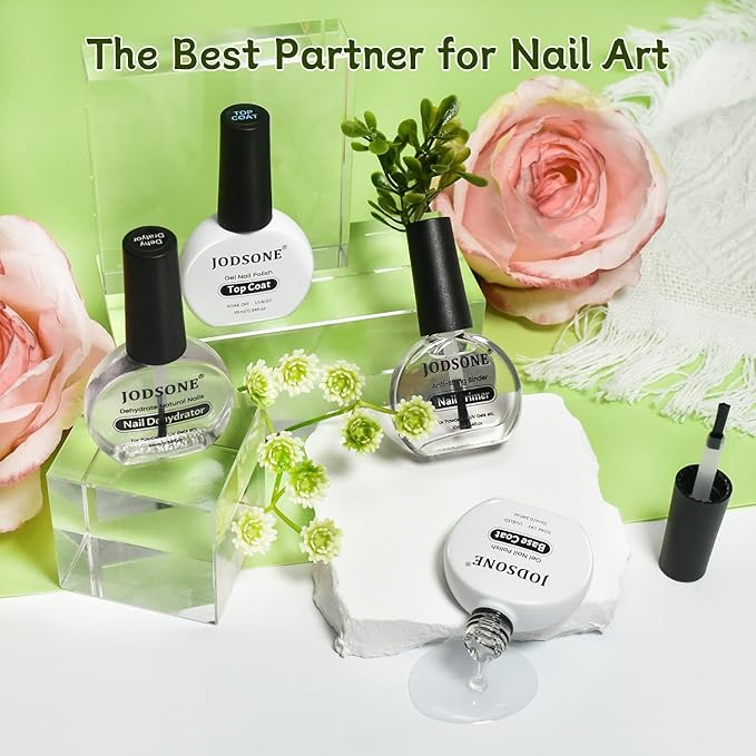 JODSONE 4Pcs Top Coat Bsae Coat Nail Primer Nail Dehydrator Kit for U V Gel Nails Polish Long Lasting Manicures Prep Protect and Perfect Your Nails 10ml Each Salon Quality Set