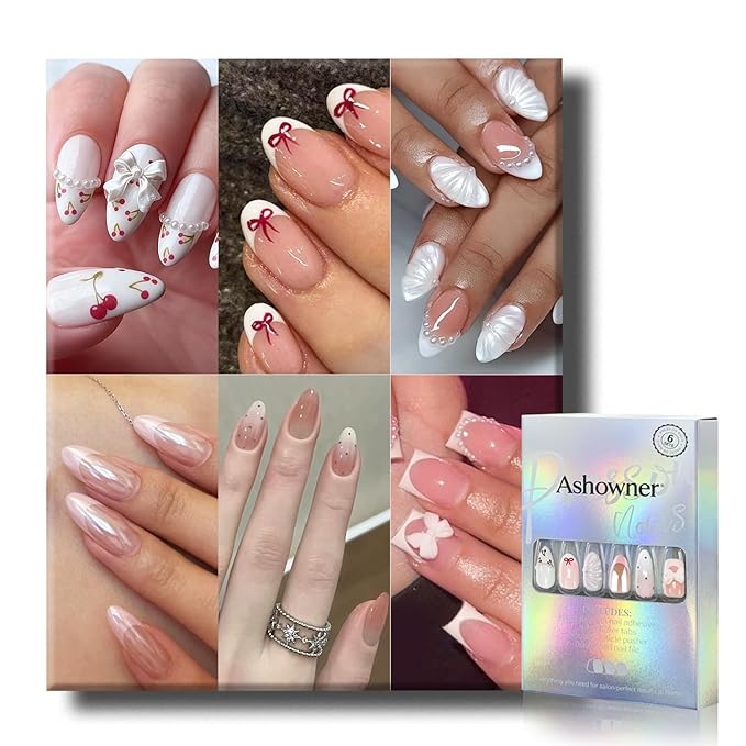6 Packs (144 Pcs) | Reusable Press on Nails | cute nails | 6-Style Bundle | 12 Sizes | Each Style 24 Pcs | White theme bow