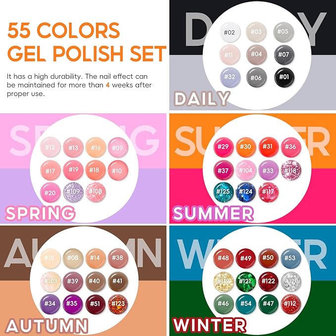 COSCELIA 60PC Gel Nail Polish Kit with U V light 55 Colors Gel Nail Polish Set 5PC Top Base Coat Glitter Rhinestones All Seasons French Manicure Starter Kit at Home Valentines Gifts for Women Girls