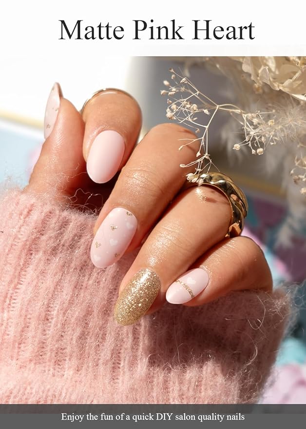 Semi Cured Gel Nail Strips (Matte Pink Heart), 20 Pcs Gel Nail Wraps, Stickers, UV Light Required, Salon Quality, Long Lasting