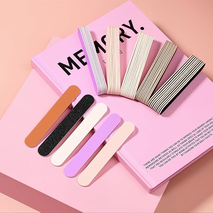 Makartt Mini Nail Files - 100/180 Grit Emery Boards for Nails, 50 Pcs Disposable Doubled Sided Coarse & Fine Bulk Manicure Kit Home Salon Use(Black White Pink Purple Brown)