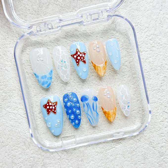Luxury Handmade Almond Press on Nails with Glue,Ocean False Nails 3D Jellyfish Art Designs Blue Acrylic Nails Handmade Nail Reusable Muti-Layer Gel Thick False Nails for Women 10 Pcs (Size S)
