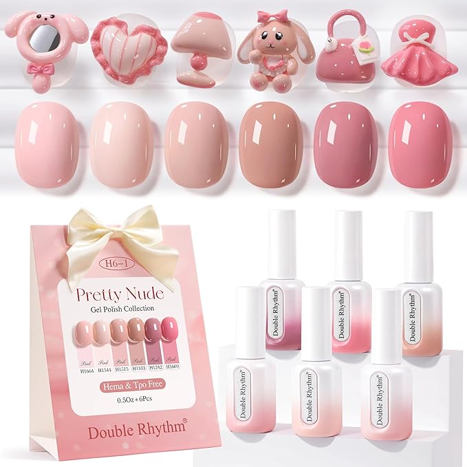 Double Rhythm 6 Pcs Hema Free Gel Polish Set 0.50 OZ Same Color Same Bottle Soak Off Neutral Natural Milky Gel Polish Kit Nail Art Manicure Salon DIY at Home (Nude Pink Beige-H6-1)