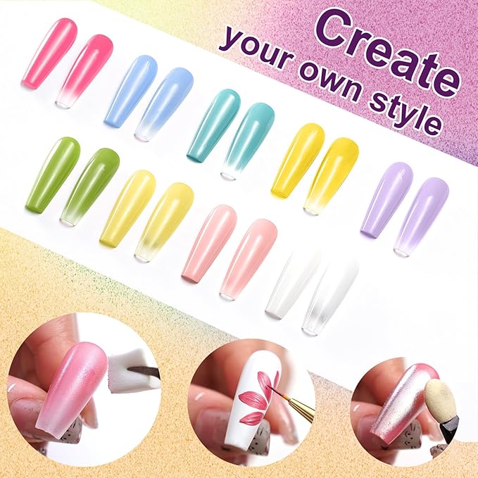 Gradient Gel Nail Set, 9 Bright Colors Ombre Gel Nail Polish with 6 Aurora Multi-Purpose Brushes for Pigment Pat Nails French Manicure Nail DIY Painting Soak Off UV J Fairy Spring