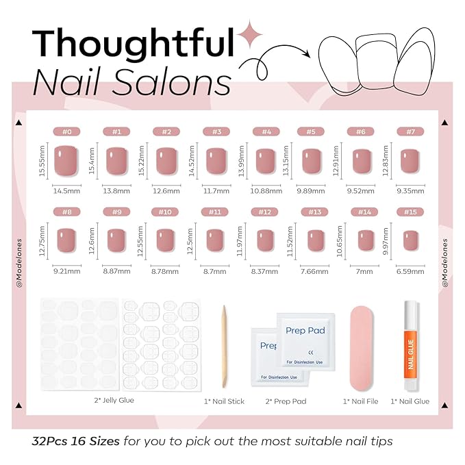 Modelones Extra Short Press on Nails, Squoval Fake Nails, Reusable Nail Kit with Nail Glue Adhesive Tabs Mini Nail File, Nails Press Ons 32Pcs 16 Sizes, Cosy Pink, Spring Women Girl Gift
