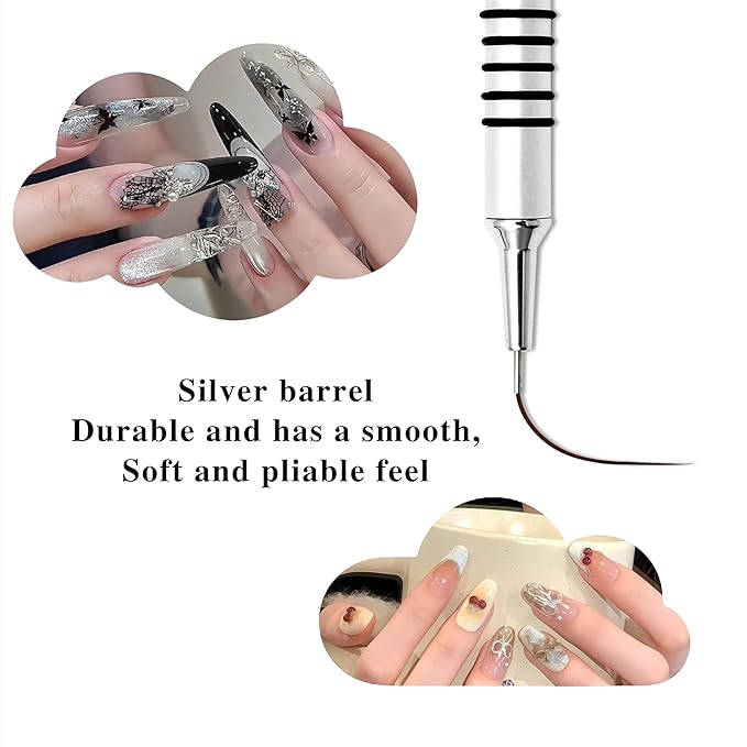 6Pcs Silver Metal Handle Nail Art Liner Brushes Set for Long Lines, Fine Details Painting Gel Nail Brush Drawing Sizes 5/7/9/11/20/25mm