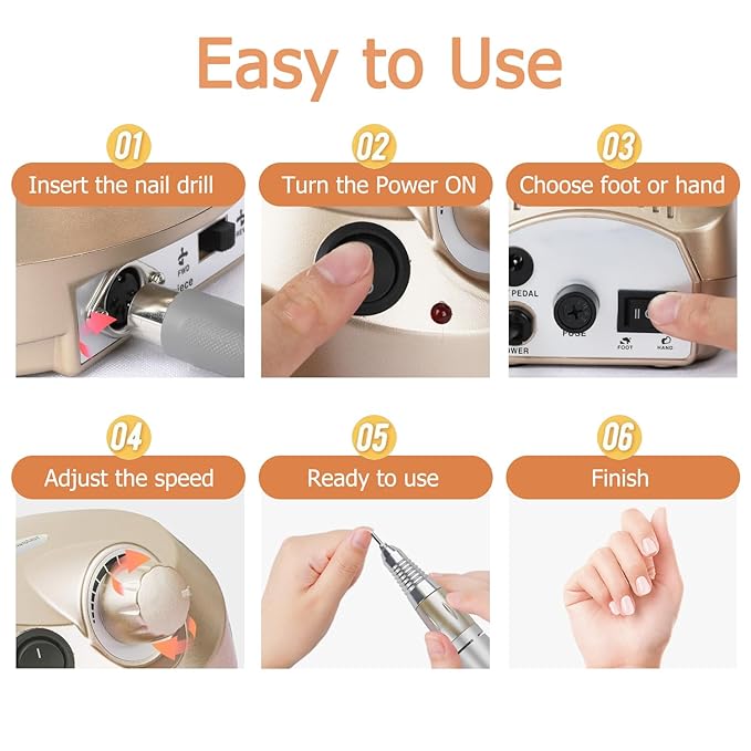 Portable Electric Nail Drill, 30000RPM Nail Drill with 6 NailDrill Bits and Sanding Bands, Nail File Kit for Acrylic, Gel Nails, Dip Powder, Manicure and Pedicure for Home Salon Use, Golden