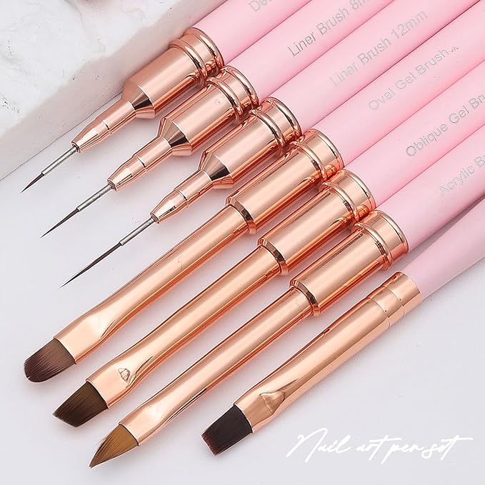 WOKOTO 7 Pcs Pink Nail Brushes For Acrylic Nails Brushes Painting Detail Nail Brushes For Nail Art Tools Dotting Drawing Tools Fine Line Nail Liner Acrylic Brushes For UV Gel Nails Polish Brushes