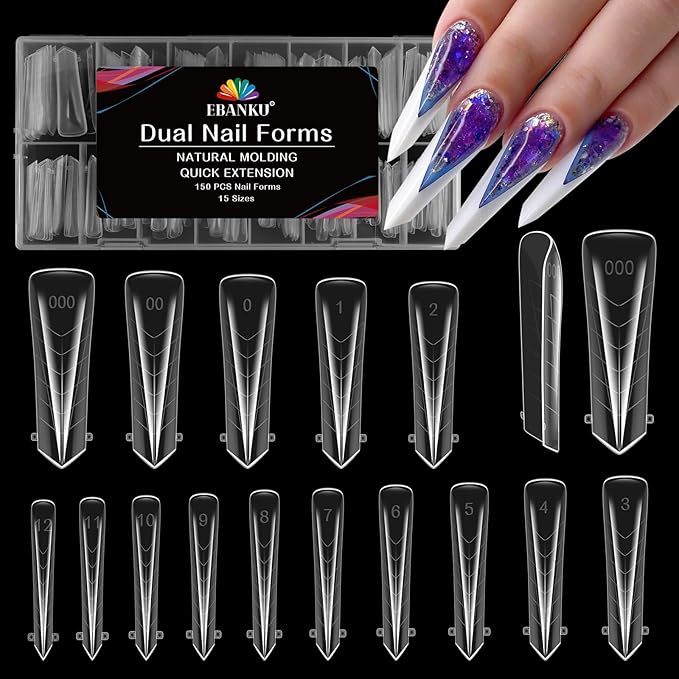 EBANKU Dual Nail Forms for Poly Extension Gel, 150 PCS Clear Claw Nail Molds Reusable 15 Sizes Nail Extension Forms for Builder Gel Manicure Design Salon DIY