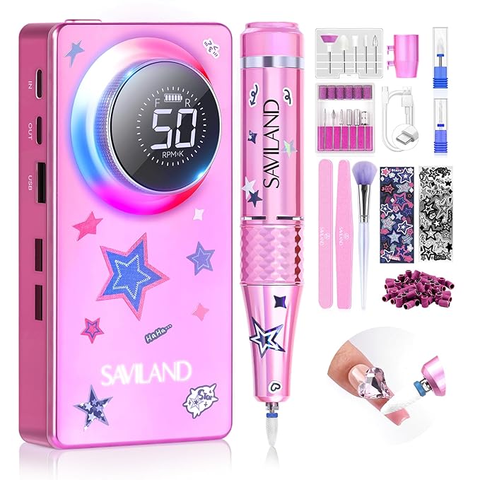 SAVILAND 50000RPM Professional Nail Drill: Rechargeable Electric Nail File 6000mAh Battery Nail Filer Electric for Manicure Pedicure Shaping & Acrylic Removal Salon Use Drill para Uñas Profesional