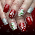 Christmas Press on Nails Medium Square Fake Nails with Snowflake Holly Designs Red Xmas False Nail Winter Silver Glitter Stick on Nail for Women 24 Pcs